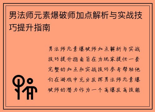 男法师元素爆破师加点解析与实战技巧提升指南