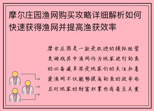 摩尔庄园渔网购买攻略详细解析如何快速获得渔网并提高渔获效率