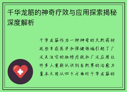 千华龙筋的神奇疗效与应用探索揭秘深度解析